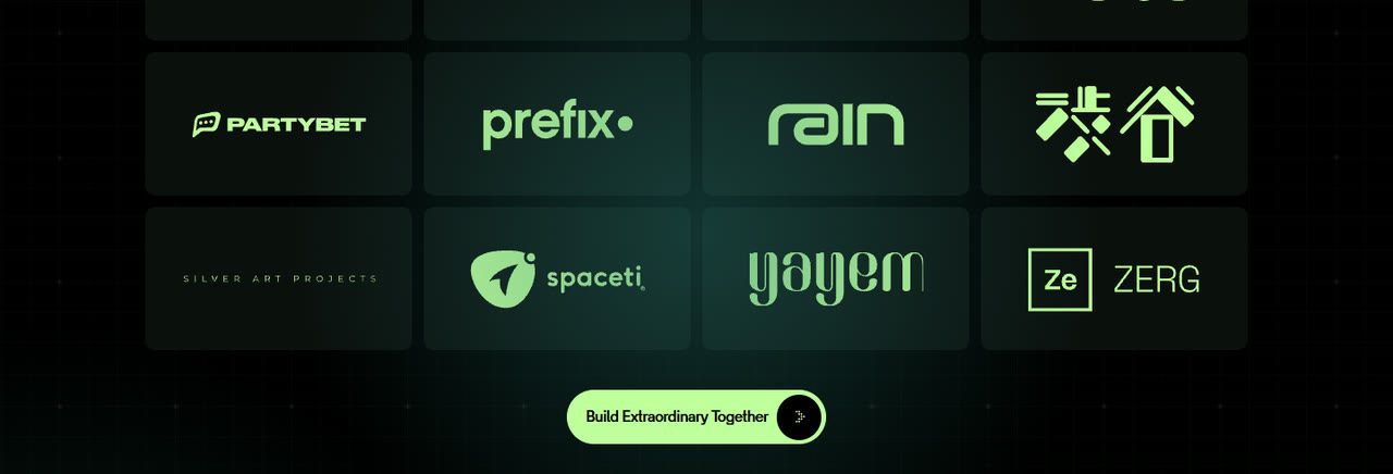 La grilla de clientes de Code Craftsmen: ocho tarjetas con los logos de Partybet, Prefix, Rain, Zerg, Silver Art Projects, Spaceti y Yayem, entre otros, y el botón «Build Extraordinary Together» debajo.