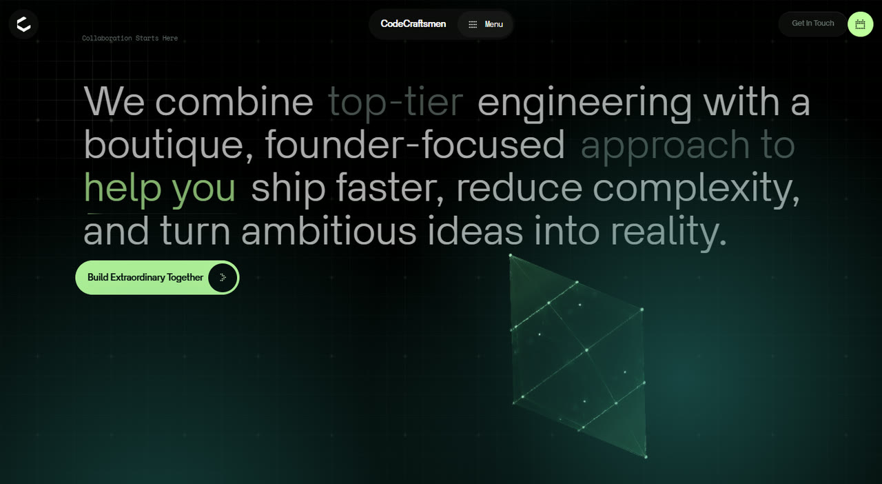 La propuesta de valor del sitio: el texto «We combine top-tier engineering with a boutique, founder-focused approach to help you ship faster, reduce complexity, and turn ambitious ideas into reality», el botón «Build Extraordinary Together» y una figura geométrica de líneas al costado.