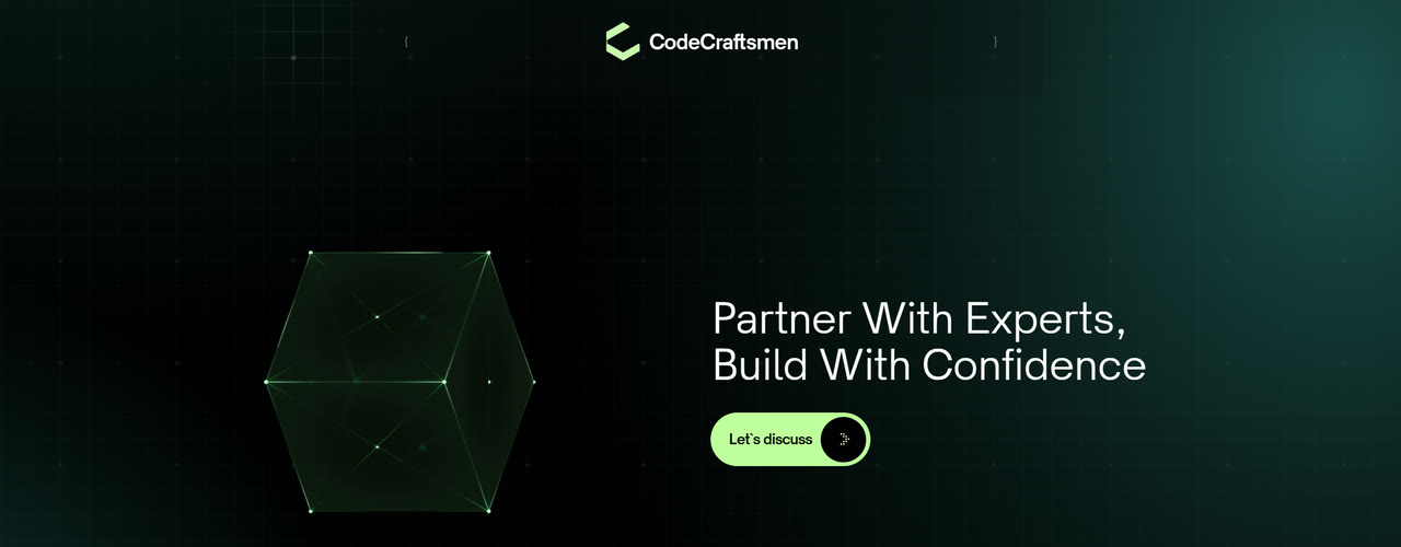 Una placa de cierre oscura: el logotipo de Code Craftsmen arriba, un icosaedro de líneas a la izquierda y, a la derecha, el texto «Partner With Experts, Build With Confidence» con el botón «Let's discuss».
