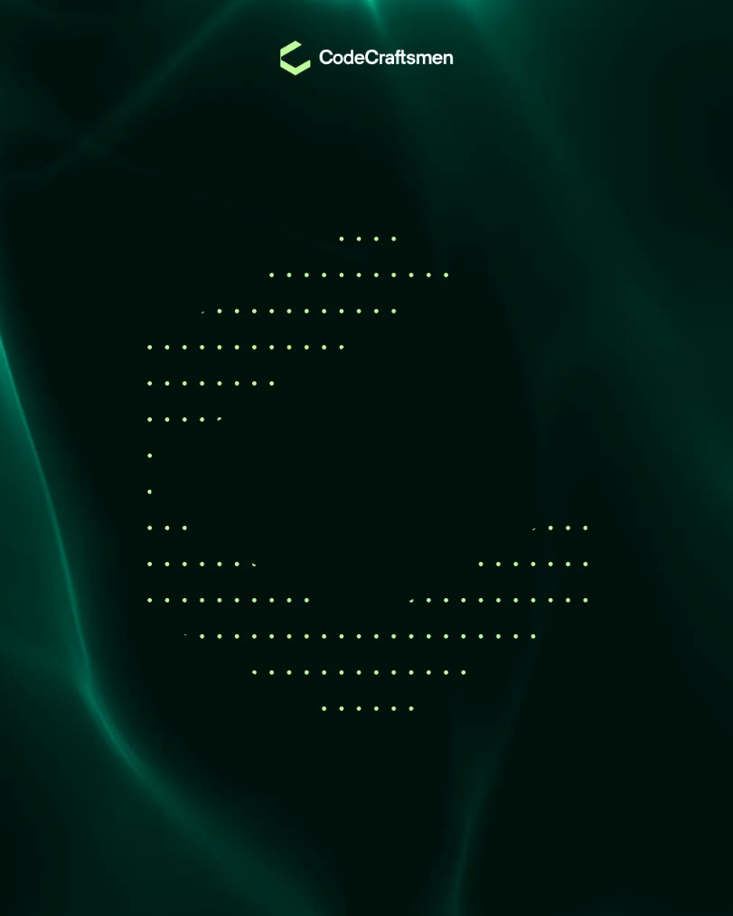 El logotipo de Code Craftsmen centrado arriba y, debajo, un ícono formado por puntos, sobre un fondo negro con volutas de humo verde azulado.