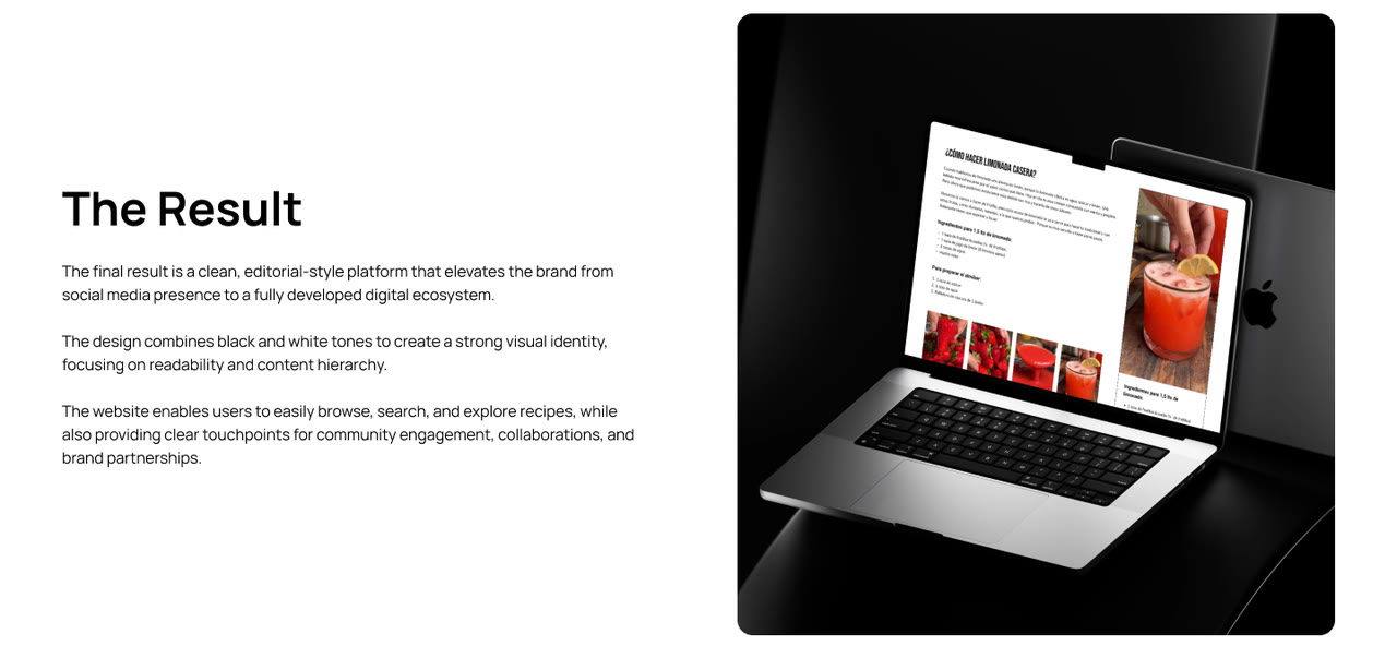 El apartado «The Result» de la lámina del proyecto —una plataforma editorial en blanco y negro, con la legibilidad y la jerarquía del contenido por delante— junto a una laptop que muestra una receta abierta.