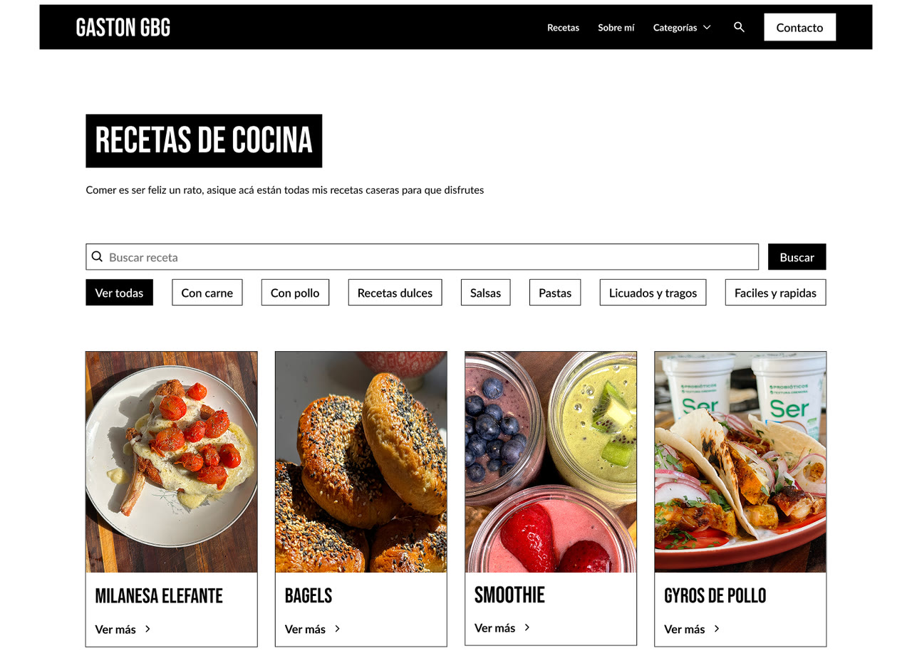 La página de recetas: el título sobre placa negra, el buscador, la fila de filtros por categoría y la primera tanda de fichas, cada una con su foto y su nombre.