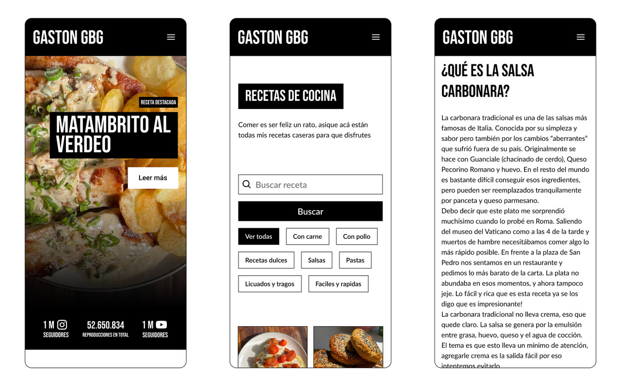 La versión de teléfono en tres capturas: la portada con la receta destacada y las cifras del canal, el listado con el buscador y los filtros, y una receta abierta.