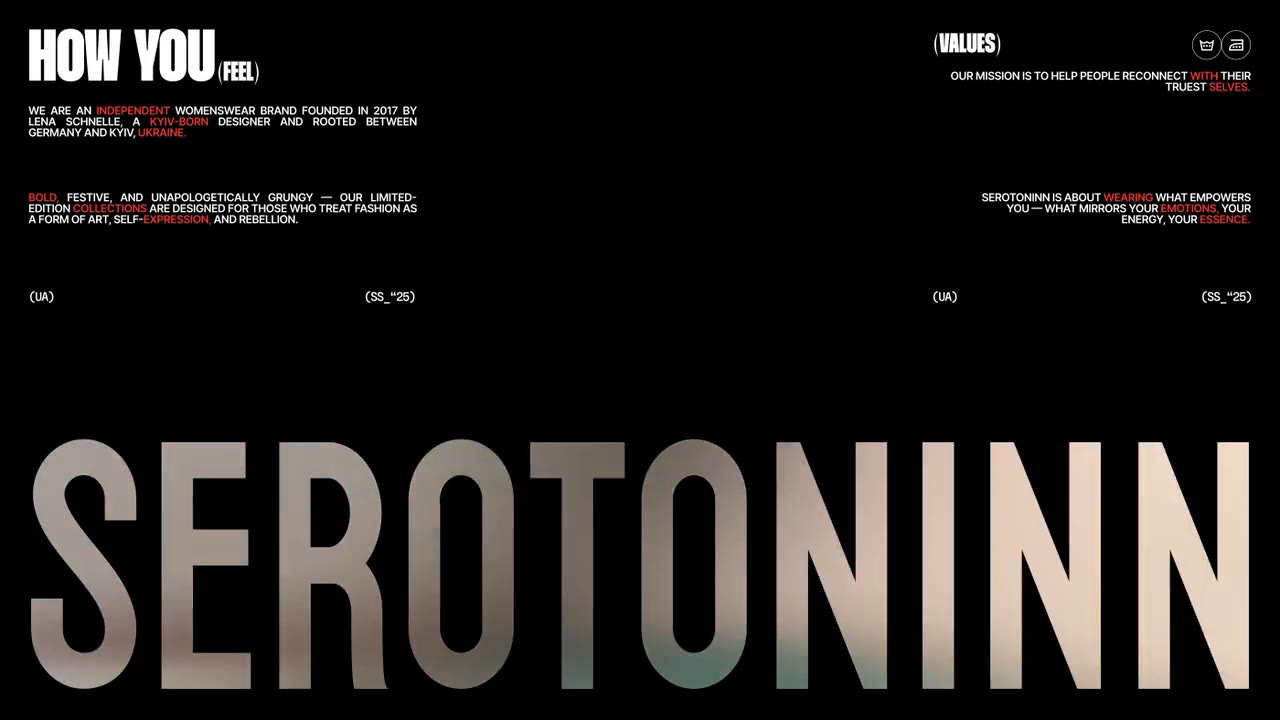 Las dos columnas de texto de la marca —«how you feel» y «values»— sobre fondo negro y, debajo, el nombre SEROTONINN en letras gigantes recortadas contra un video de la colección.