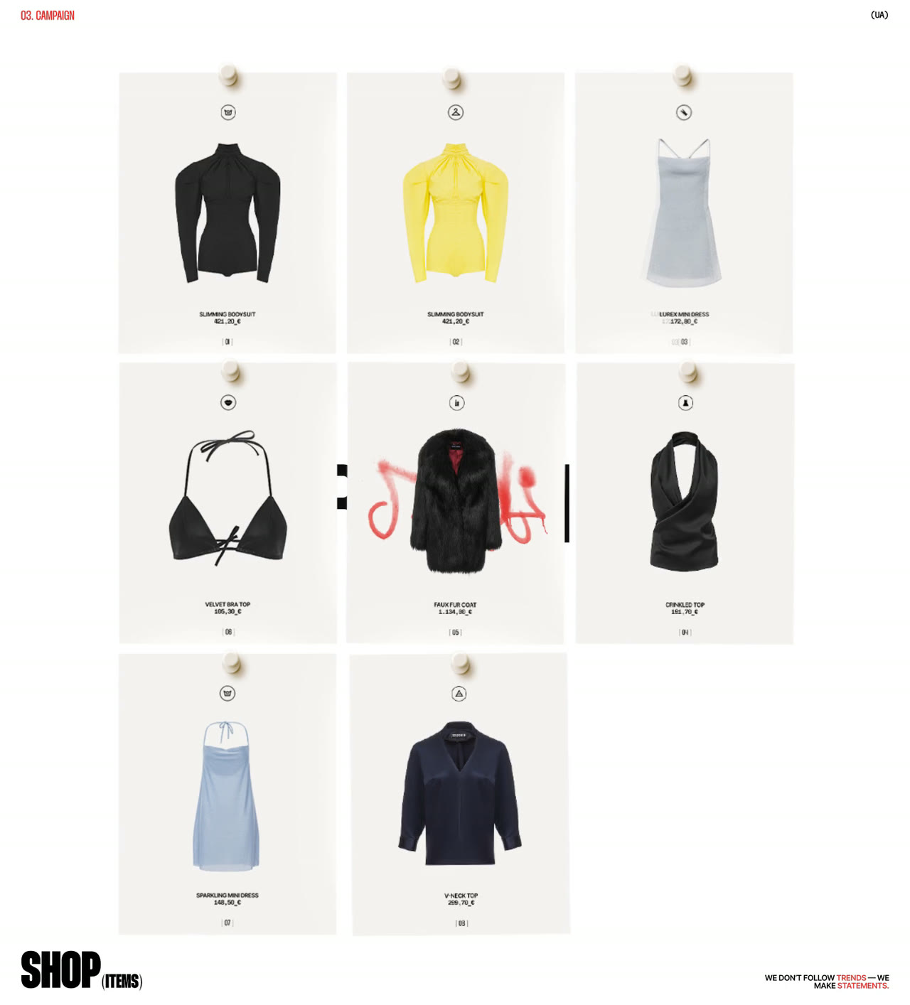 La grilla de la tienda: nueve prendas colgadas de perchas sobre fichas claras, cada una con su nombre y su precio en euros, y el rótulo «shop (items)» al pie.