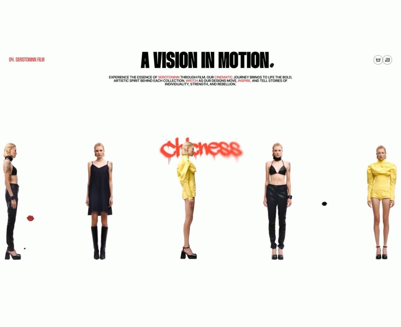 La sección de film de la marca, «a vision in motion»: el título centrado con su bajada y, debajo, una fila de looks recortados que se desplaza en horizontal con la palabra «chicness» pintada en rojo al medio.