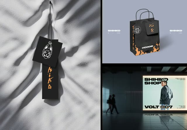 Tres piezas de identidad de marca con la misma tipografía de la tienda: la etiqueta colgante, la bolsa de compra y un aviso de vía pública.