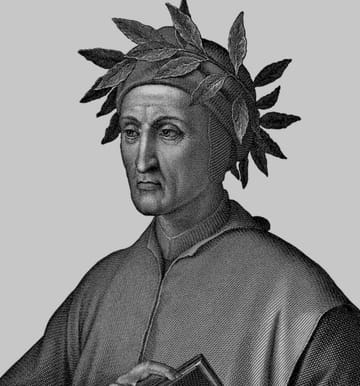 Retrato grabado de Dante Alighieri con corona de laurel.