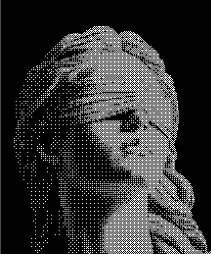 Busto clásico reproducido con trama de puntos en blanco y negro.