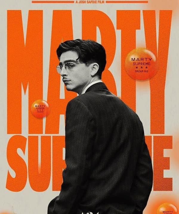 Afiche de cine en naranja y negro con un retrato recortado.