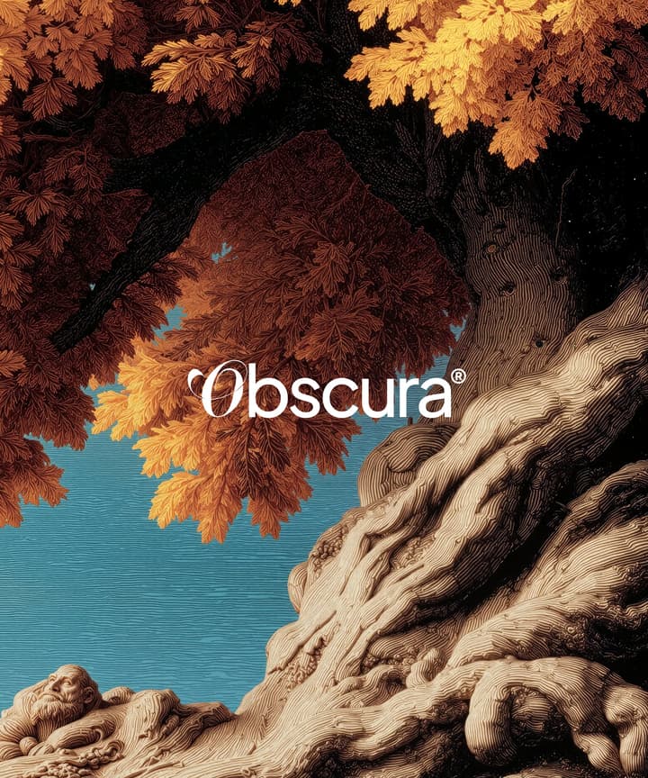 Árbol de follaje otoñal sobre una roca, con el logotipo de Obscura.